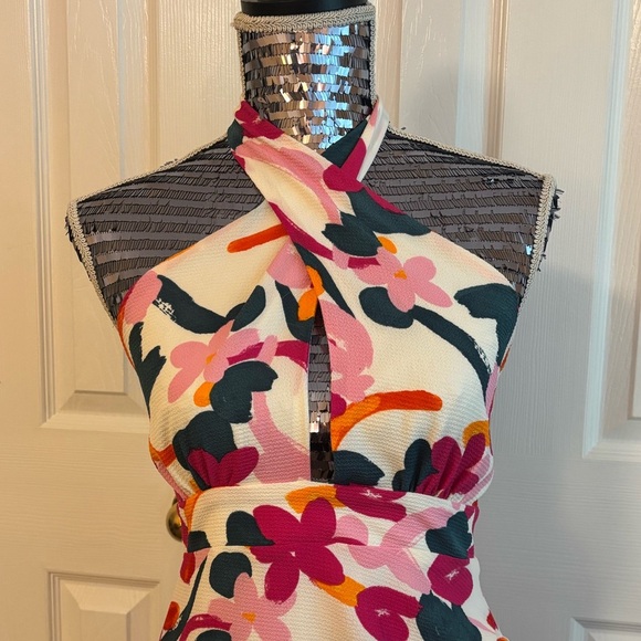 NWT Sugarlips Monet Floral Asymmetrical Ruched Midi Halter Dress | Size Small - Picture 2 of 5